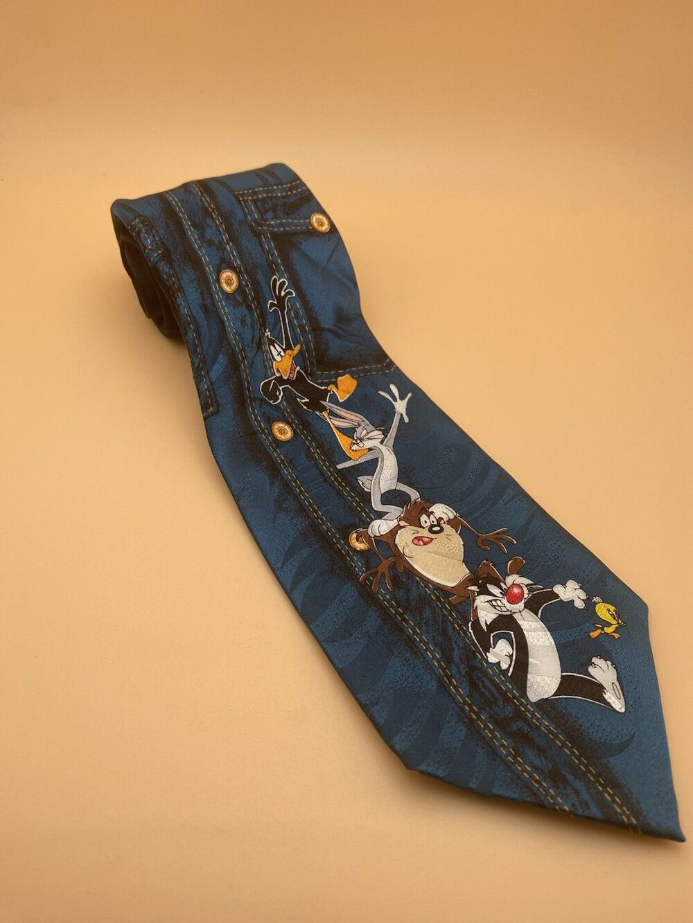 Vintage 1997 Looney Tunes Silk Tie Bugs Bunny Daffy Duck Denim Print Hand Made